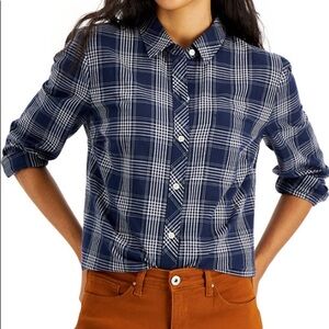 STYLE & CO boyfriend plaid blue long sleeve navy blue -white button down shirt/M